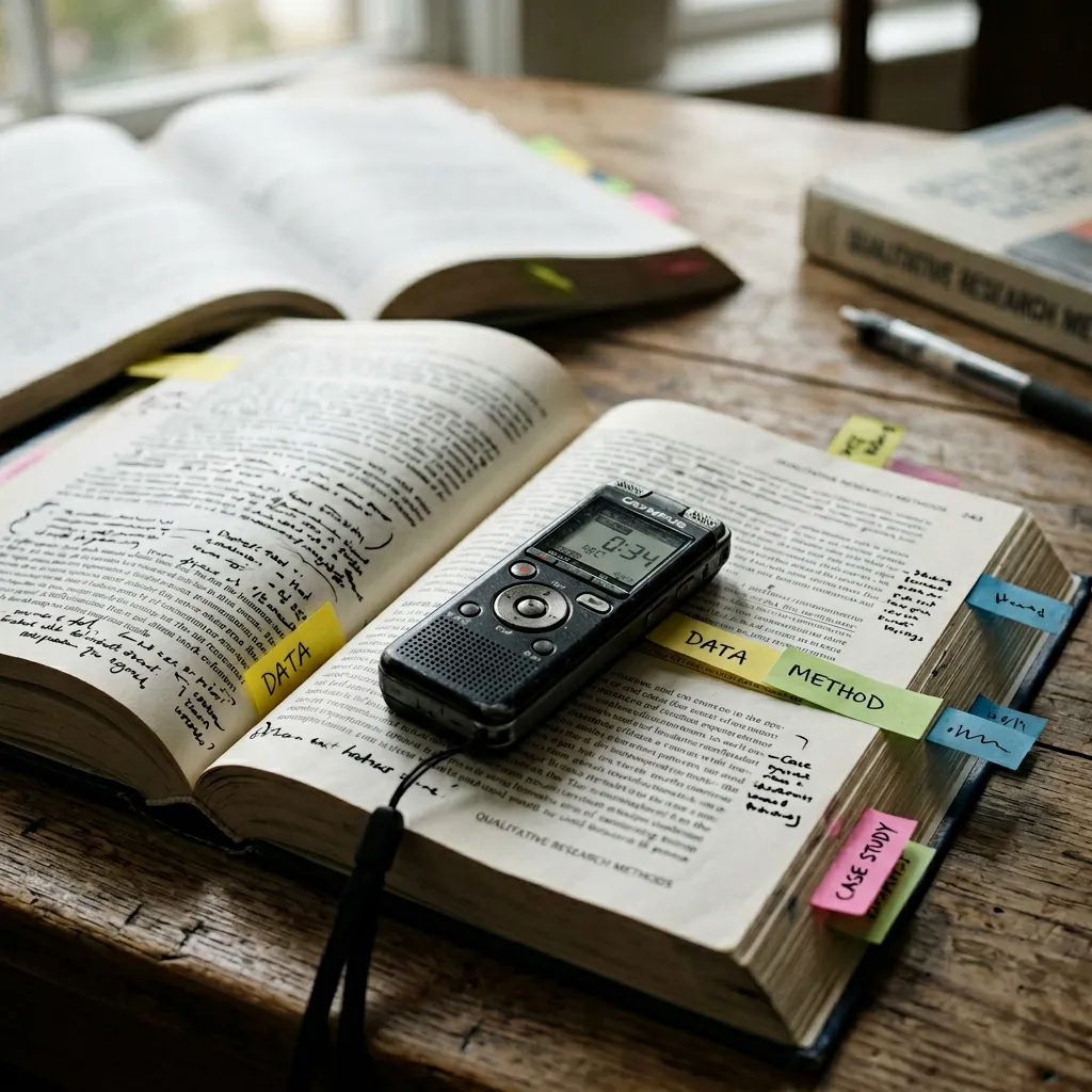 Handheld voice recorder on a textbook with sticky tabs — lecture recording