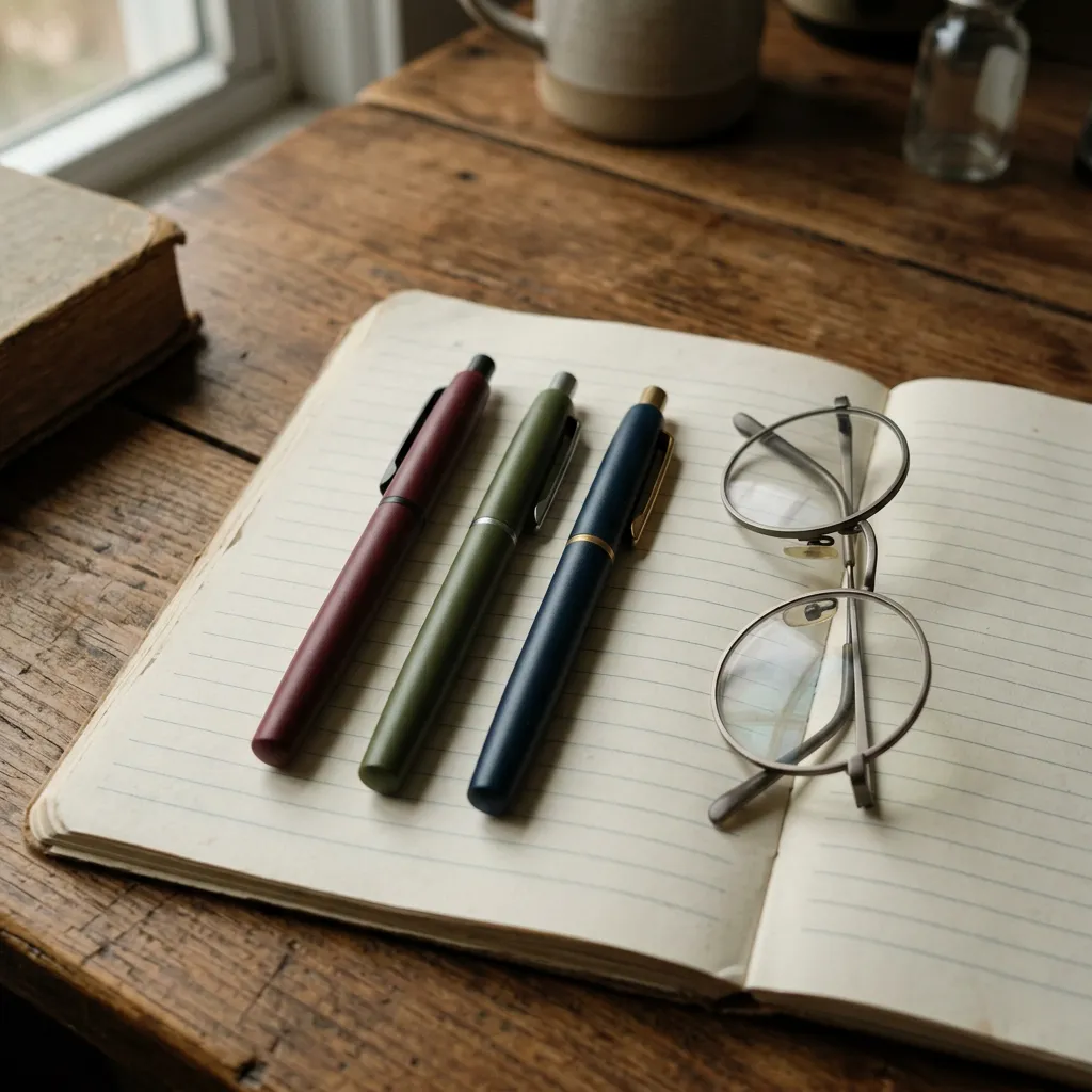 Color pens beside round glasses on an open notebook — student workflow