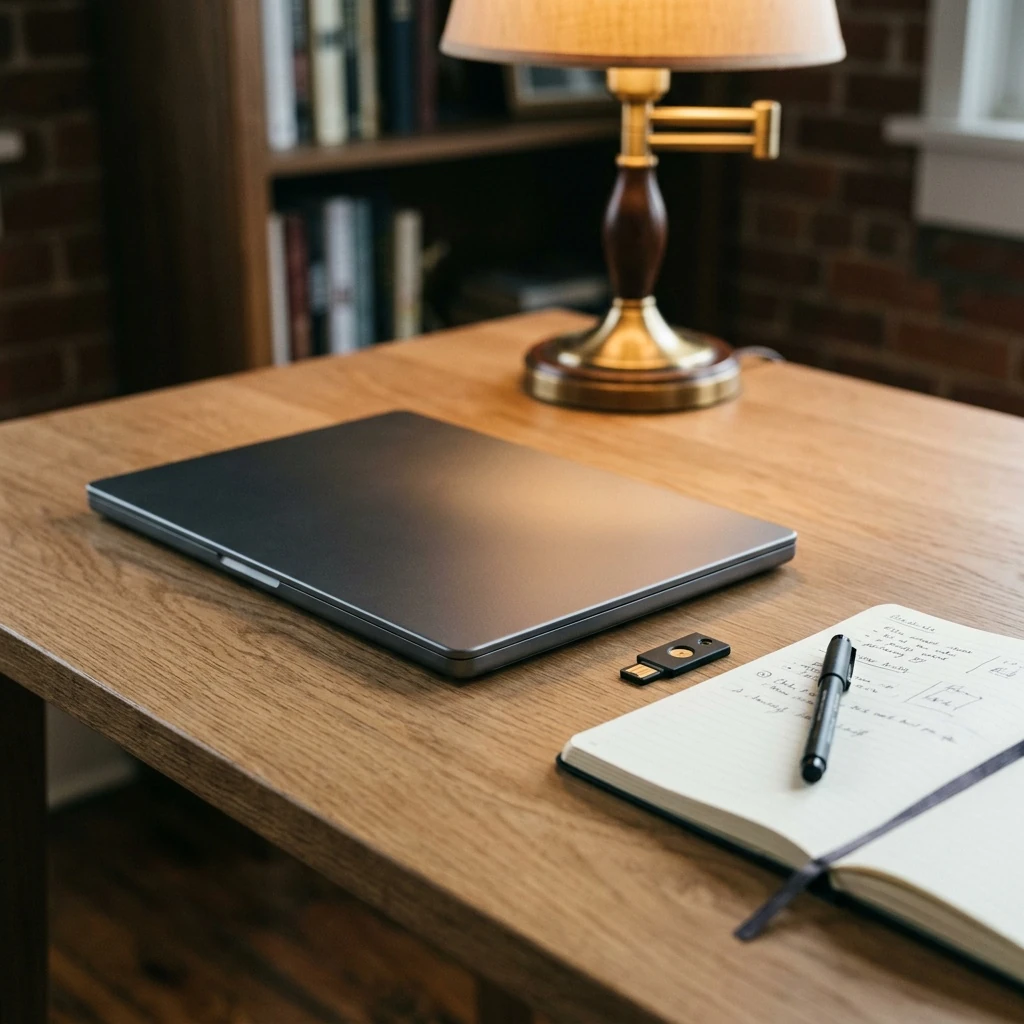 A locked-down corporate laptop and notebook on a clean desk representing security review