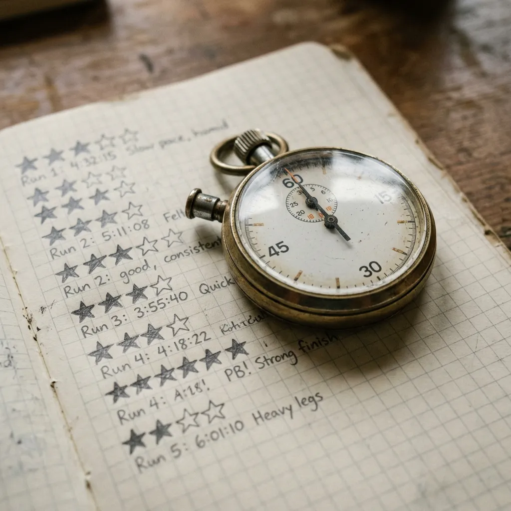 Vintage stopwatch on notebook page with star ratings — personal testing