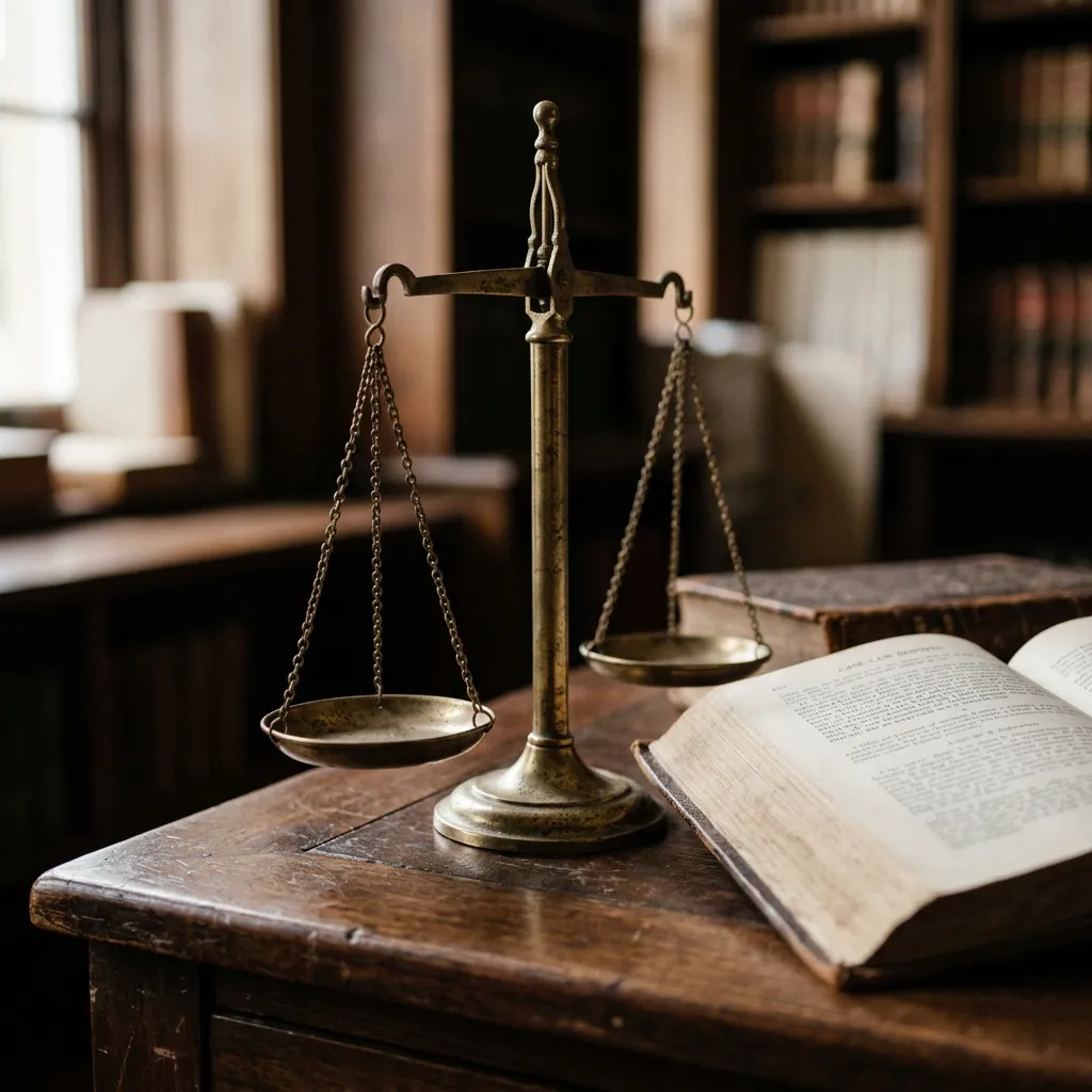 Brass scale of justice on a wooden desk — ethics and compliance