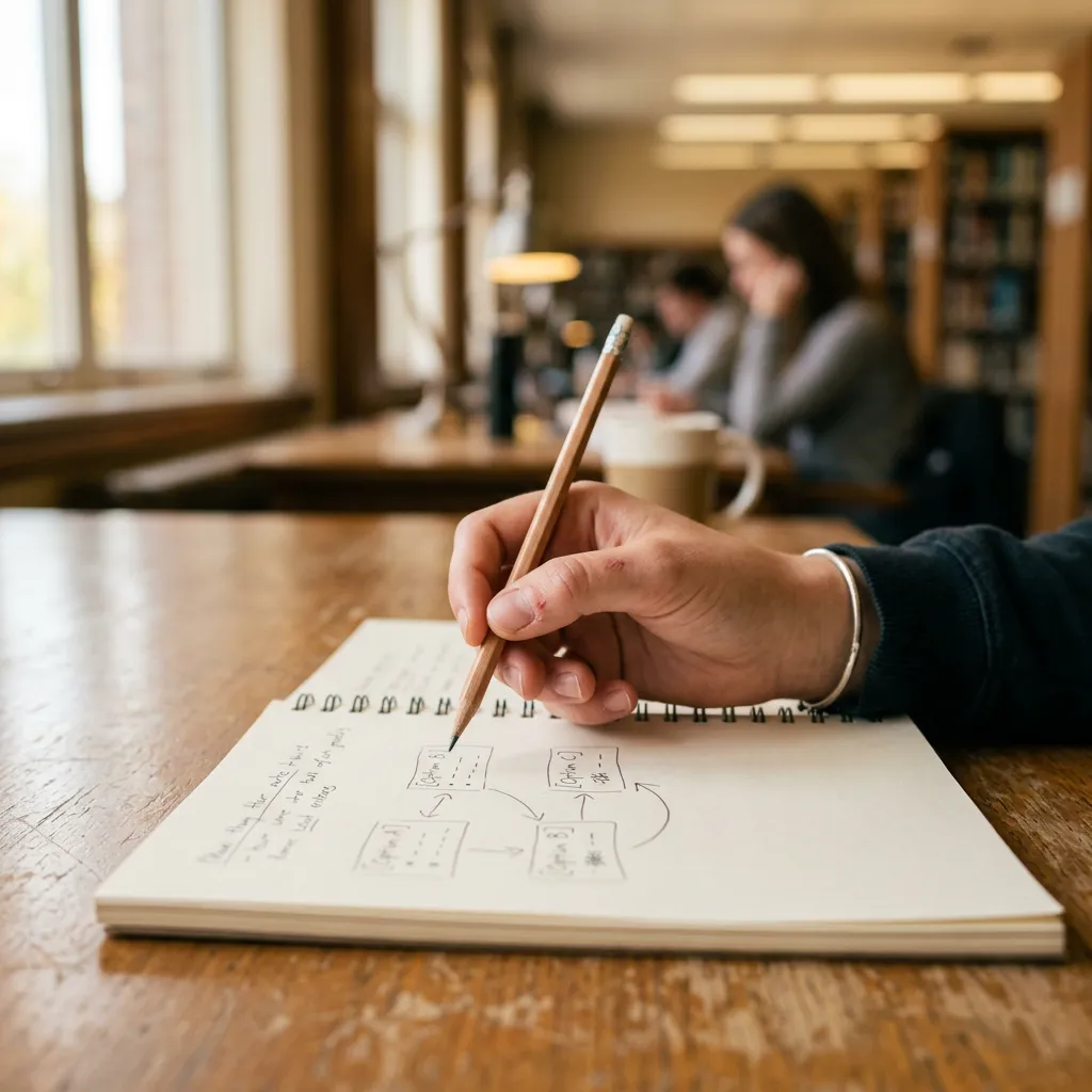 Choosing an AI note-taker app — pencil hovering over notebook with three options