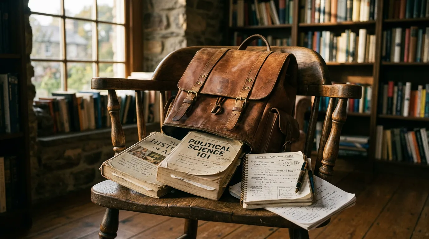 End of class — leather backpack on chair with textbooks spilling out, late afternoon light