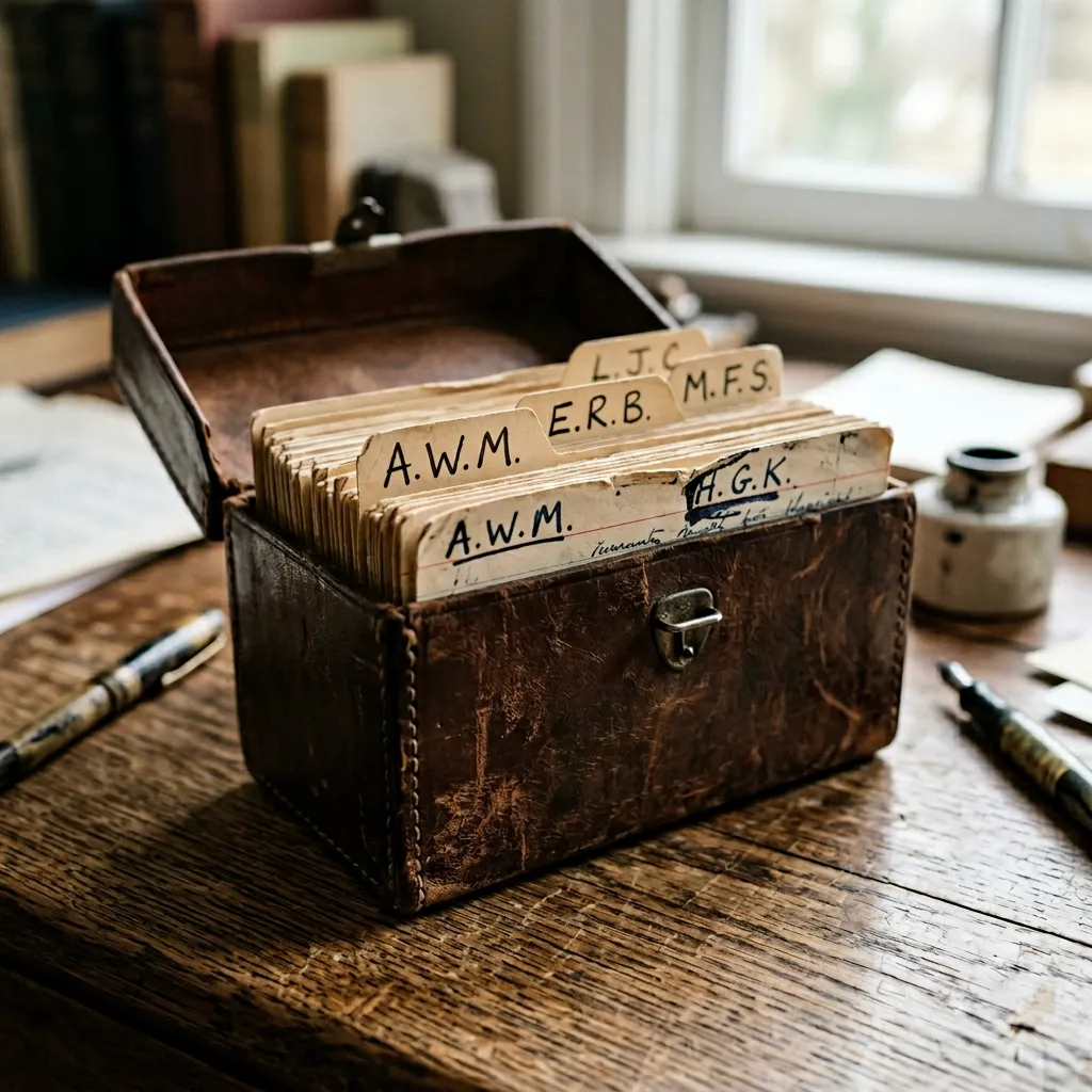 Leather index card box with name tabs — persistent speaker memory